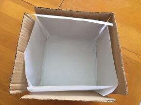 先做出四个硬纸板，放在四面，下面垫两张油纸（垫纸板是防止左右上色，这样也有助于蛋糕爬高）