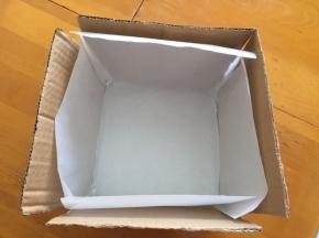 先做出四个硬纸板，放在四面，下面垫两张油纸（垫纸板是防止左右上色，这样也有助于蛋糕爬高）