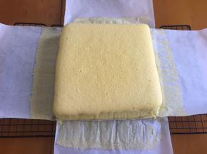 然后将油纸连蛋糕一起拿出放烤网上，撕掉四面油纸，晾凉