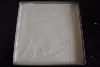 倒入28*28的方盘里，用刮刀抹平，震出大气泡