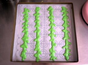 烤盘垫上硅油纸，裱花袋剪出一个小口，在烤盘上挤出几道西瓜纹路，放入烤箱中层，175度烘烤2分钟。这个烤盘是28*28cm的。