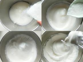 分三次加入细砂糖，用电动打蛋器打发成弯勾状。