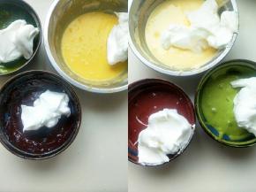 打发的蛋白分三份倒入蛋糊中翻拌均匀，剩余的蛋白再次分三份倒入盆中翻拌均匀。