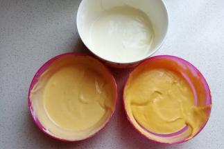 接下来把芒果酸奶糊搅拌均匀，然后把三份酸奶糊装入三个裱花袋中。