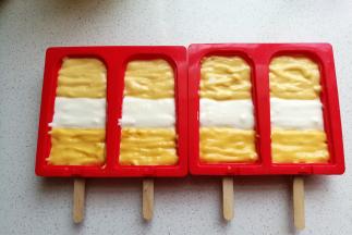 如图，交错着把三份酸奶糊挤入硅胶雪糕模中。