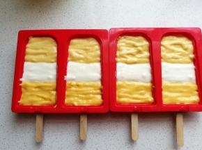 如图，交错着把三份酸奶糊挤入硅胶雪糕模中。