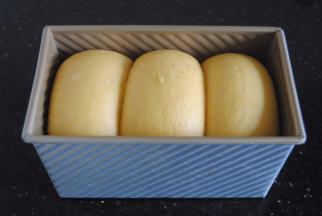 放置温暖处发酵1小时左右，直到面胚发酵至模具的9分满，这时盖上土司盖