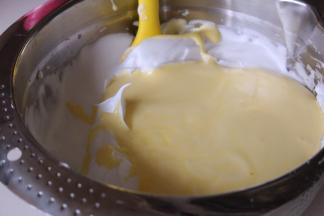 将搅拌均匀的蛋糕糊倒入剩余的蛋白霜中