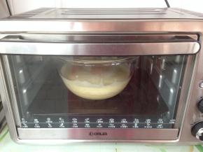 将做好的蛋糊放入烤箱，选择发酵档（37度），发酵1个小时。每隔15-20分钟就取出来，用打蛋器搅打10秒，最后一次搅打1分钟