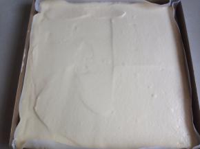 将蛋糕糊倒入已经铺了油纸的正方形烤盘里，用刮板抹平表面，在桌面上震出气泡