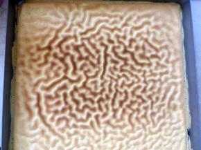 做蛋糕卷的时候要注意多观察烤箱，避免虎皮层上色过重，烤过头，虎皮层烤好后取出，放置一旁降温，只有一个方盘的，可以等会儿温度降低，不烫手时，用刮刀将四周边缘刮一下，之后将虎皮层取出放晾晒网上降温