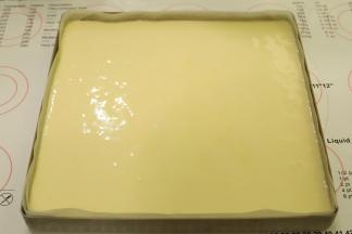 将蛋糕糊倒入28X8的方形烤盘内，轻震去气泡