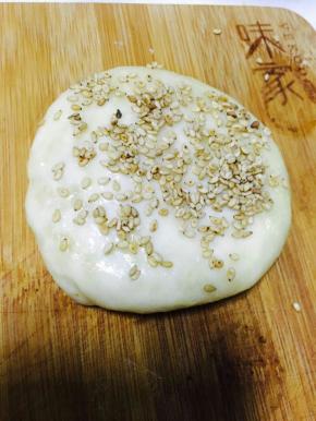 收口朝下，稍微按压成圆饼，表面刷蛋液或者水，表面粘上芝麻，再次轻轻按压，防止芝麻掉落。