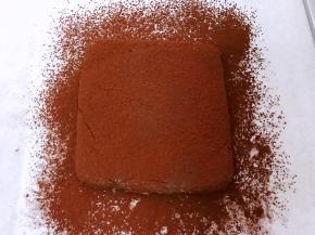 在表面筛上可可粉，用锋利的刀切成小块，每切一刀用热水泡一下刀擦干后再切