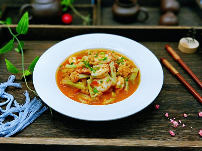 茄汁虾仁烩有机花菜