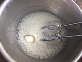 蛋白加入柠檬汁，低速打发至粗泡状态，加入三分之一的白砂糖