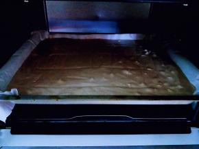 拌好的蛋糕糊倒入垫有油纸的烤盘中，震出气泡，烤箱150度预热5分钟，烤盘入中层，150度上下火烤35分钟。（具体时间及温度根据自家烤箱另定。）