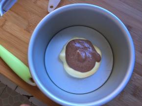 用勺子舀入6寸模具中，一层蛋黄糊，一层可可糊，一直这样将面糊全部放入模具中