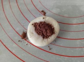 另外揉一点白色面团，取8克备用，剩下的揉入可可粉（白色面团我用了30克粉其他的按比例来就可以）