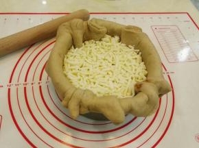再铺一层马苏里拉，有条件的可以选择用快状的切厚长条铺好，我没有就用普通的马苏里拉