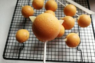 然后提前把适量白巧克力放入容器中隔热水融化，接着取棒棒糖棍沾点巧克力插入蛋糕中，让巧克力凝固固定。