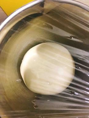 盖上保鲜膜，发酵1个小时左右。室内温度高于30度就需要冰箱发酵哦。揉好的面团正常应该是28度左右的，如果面团温度高了也是建议冰箱发酵的哦