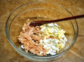 将滤干净的吞拿鱼放在鸡蛋里，加入沙拉酱拌均匀