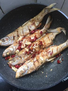 放入蒜瓣，干辣椒，花椒爆出香味儿来。（有生姜放点生姜更好，我家刚好生姜没有了，就没有放。）