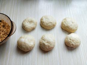 将发酵好的面团取出排气，将醒好的面团分成等份的小面团。