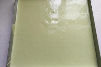 接着把先前拌好的抹茶蛋糊倒入烤盘中，用刮板抹平表面并轻轻震荡几下，再放入预热好的烤箱中层上下火180度烤约25分钟左右。