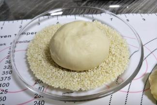 上表面粘上白芝麻。