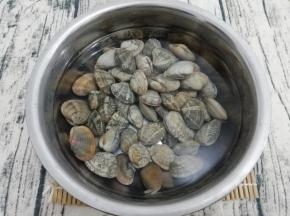 买回来的花甲放入盐水中浸泡一会儿，让它把泥沙全部吐出来，然后再用水清洗干净