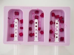 在模具底部铺上一层火龙果肉