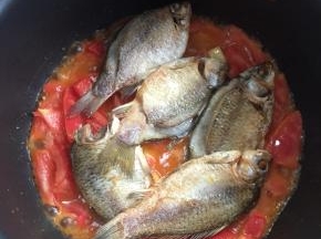 放入煎好的鲫鱼。