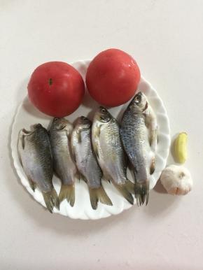 准备好所需食材：
小鲫鱼刮去鱼鳞，去内脏和鱼鳃，用盐腌制15分钟备用，西红柿两个，蒜瓣一个，生姜一块。
