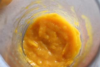 芒果切块放到料理机中。打成泥，不用非常细腻，可以有小块。