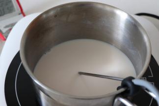 椰汁和炼乳混合，煮到50度左右。离火，吉利丁和前面一样，泡软，加入到上步的溶液中。搅匀。晾凉。