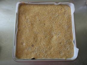 烤盘提前铺上油纸，装入面糊，表面撒白芝麻。