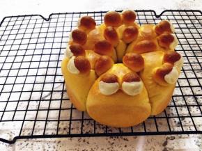 将面包胚从模具中取出，放在晾网上晾凉。将黑、白巧克力分别切成小块，装入剪小口的裱花袋，画出加菲猫的图案即可。