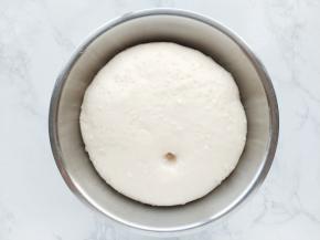 检查面团发酵状态，用手指沾面粉插入面团，面团不回缩不塌陷，说明发酵好了。