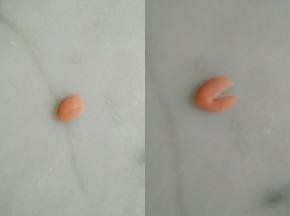 把黄豆大小的红面团，搓成椭圆，对中间切开，当做头发。