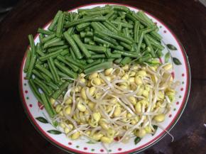 豆角洗净切段、豆芽冲净控水
