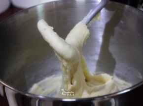 约3分钟左右，面团变的光滑，可以停机检查一下面团，形成厚膜，扯开就会断。继续揉5分钟，面团已经形成透光的薄膜，达到扩展阶段。