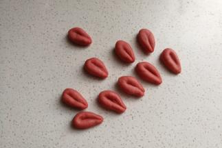 如图先把10个小面团整成这种形状当做小兔的耳朵。