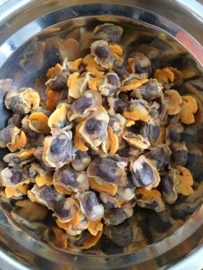 放凉后剥出蛤蜊肉，备用。