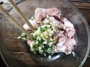 把蒜末和葱花留一部分，剩下的和姜末一起放入肉末里