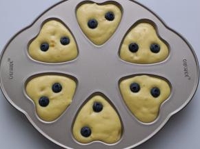 倒入模具，表面放两个蓝莓，不放也是可以的，随个人喜好嘛。