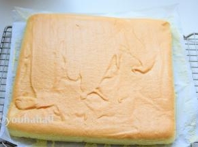 烤盘在台面上震动几下，震出面糊里的大气泡，将烤盘放入已预热到150度的烤箱中下层，烘烤25分钟。到时立刻取出，倒扣在铺好油纸的网架上，迅速撕掉油纸，再次翻面放凉。