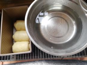 将模具放入发酵箱里面，放入一碗热水，温度保持在38度左右。