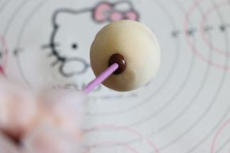 用棒棒糖棒子沾点巧克力，插到到包好的球体中。